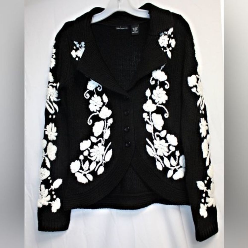 Moda International Black & White‎ Embroidery Cardigan Sweater Size XS